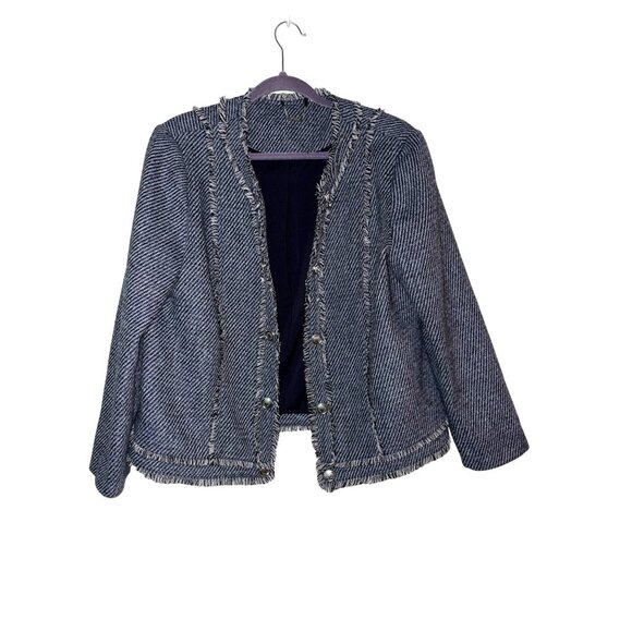 Chico's Tweed Wool Blend Open Front Fringe Trim Jacket Size 3 U.S. 16 - Picture 3 of 9